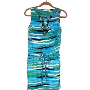 New York & Co Beaded Sleeveless Teal/Bk/Wh Mini Dress size S